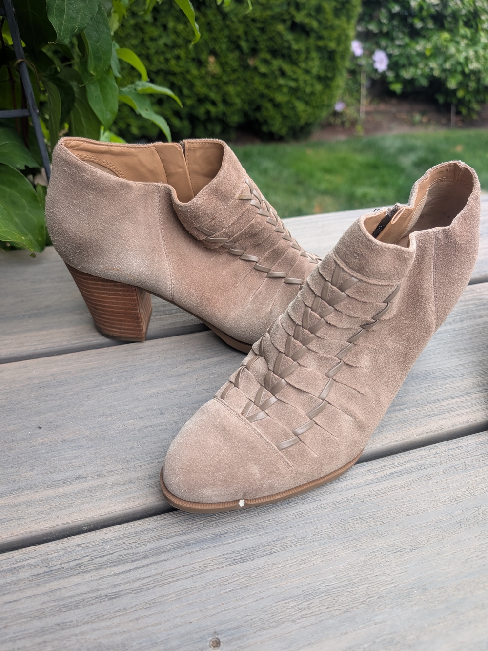 Franco Sarto Taupe Suede Braided Ankle Boots